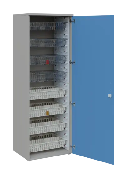 EUROMEDICA D - 66/M skříň léková boxová, 1-dveřová, pravá, 1950x660x535, korpus šedý, dvířka pastelově modrá